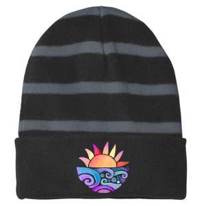 Summer Water Color Sunset Beach Striped Beanie with Solid Band