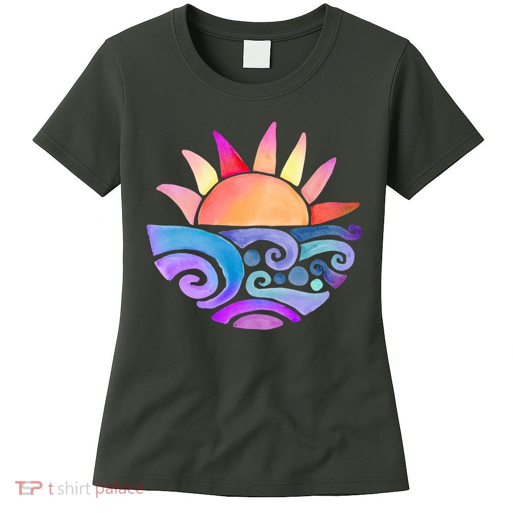 Summer Water Color Sunset Beach Womens T-Shirt