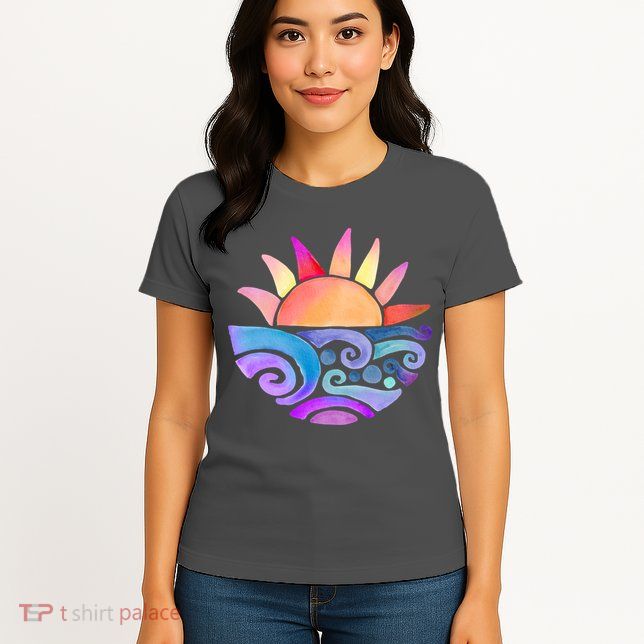 Summer Water Color Sunset Beach Womens T-Shirt