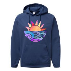 Summer Water Color Sunset Beach Performance Fleece Hoodie