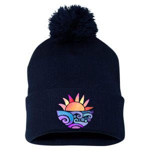 Summer Water Color Sunset Beach Pom Pom 12in Knit Beanie