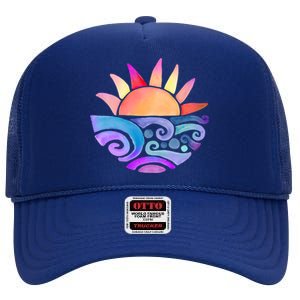 Summer Water Color Sunset Beach High Crown Mesh Back Trucker Hat