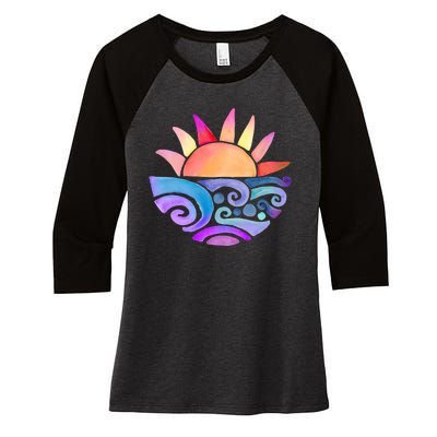 Summer Water Color Sunset Beach Women's Tri-Blend 3/4-Sleeve Raglan Shirt