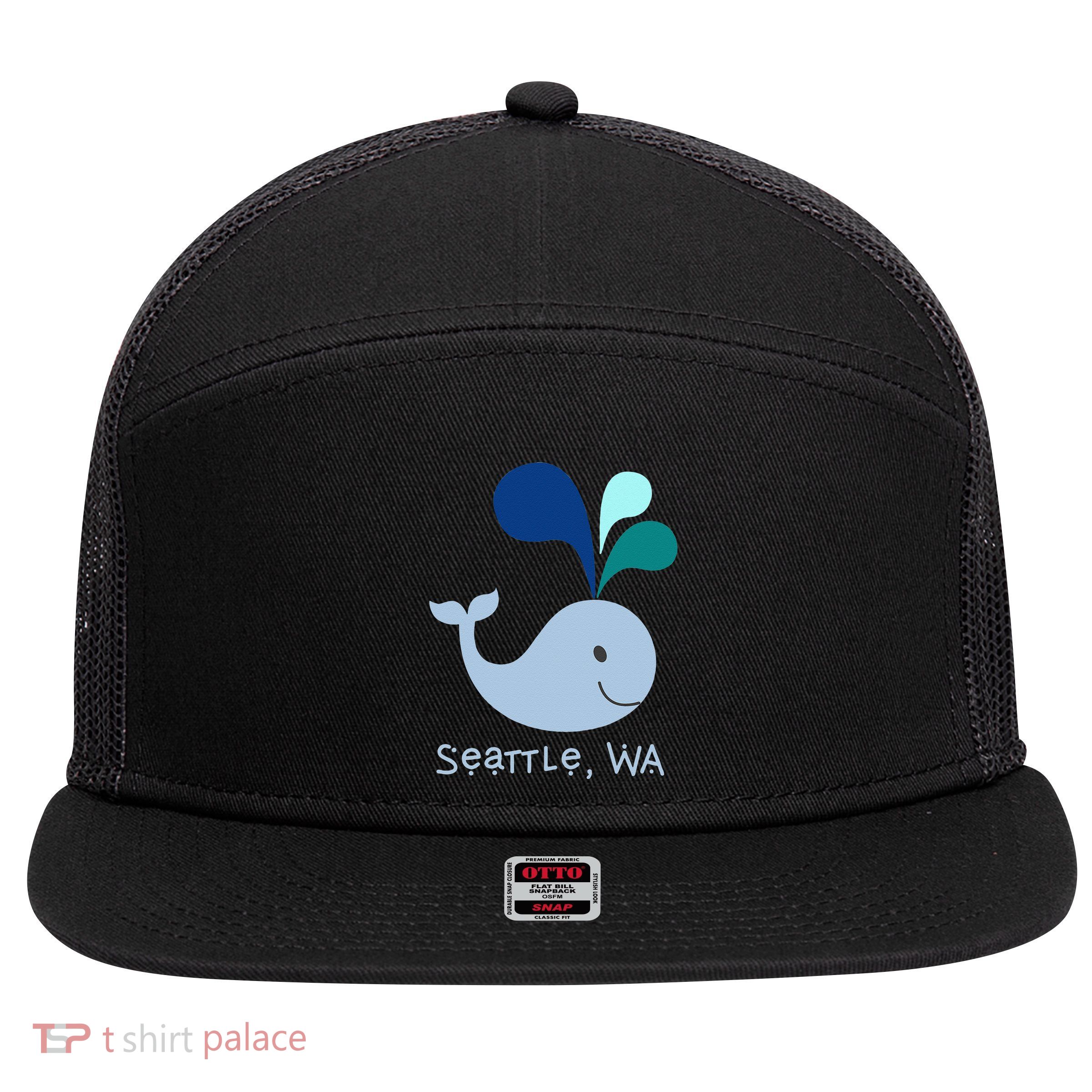Seattle Washington Cute Whale Lover Cartoon 7 Panel Mesh Trucker Snapback Hat