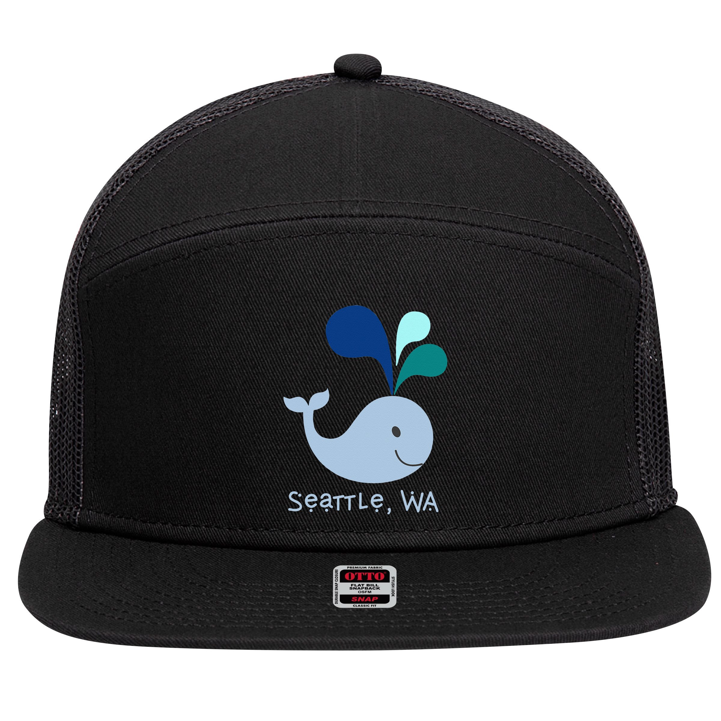 Seattle Washington Cute Whale Lover Cartoon 7 Panel Mesh Trucker Snapback Hat