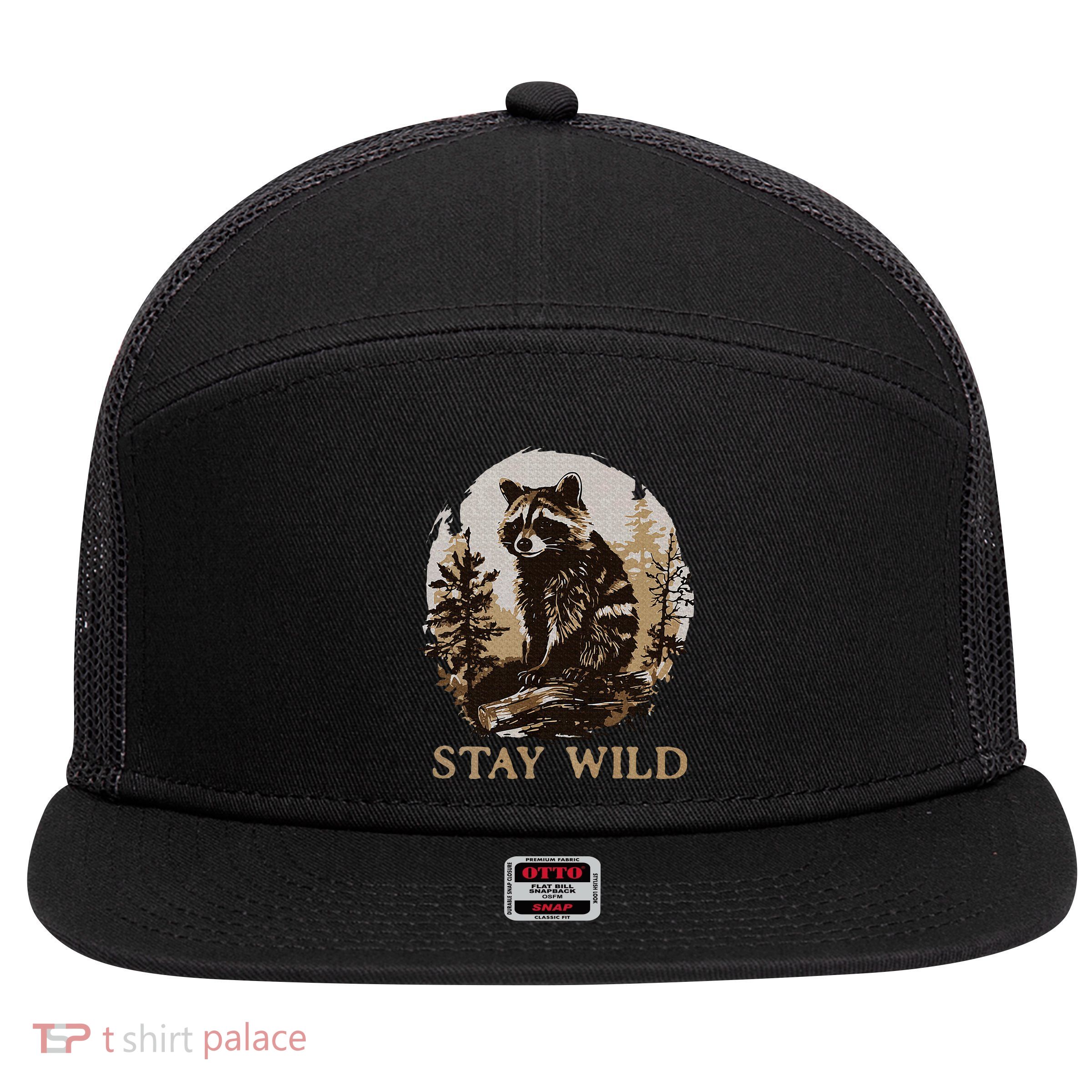 Stay Wild Cottagecore Aesthetic Raccoon Lover Vintage Racoon 7 Panel Mesh Trucker Snapback Hat