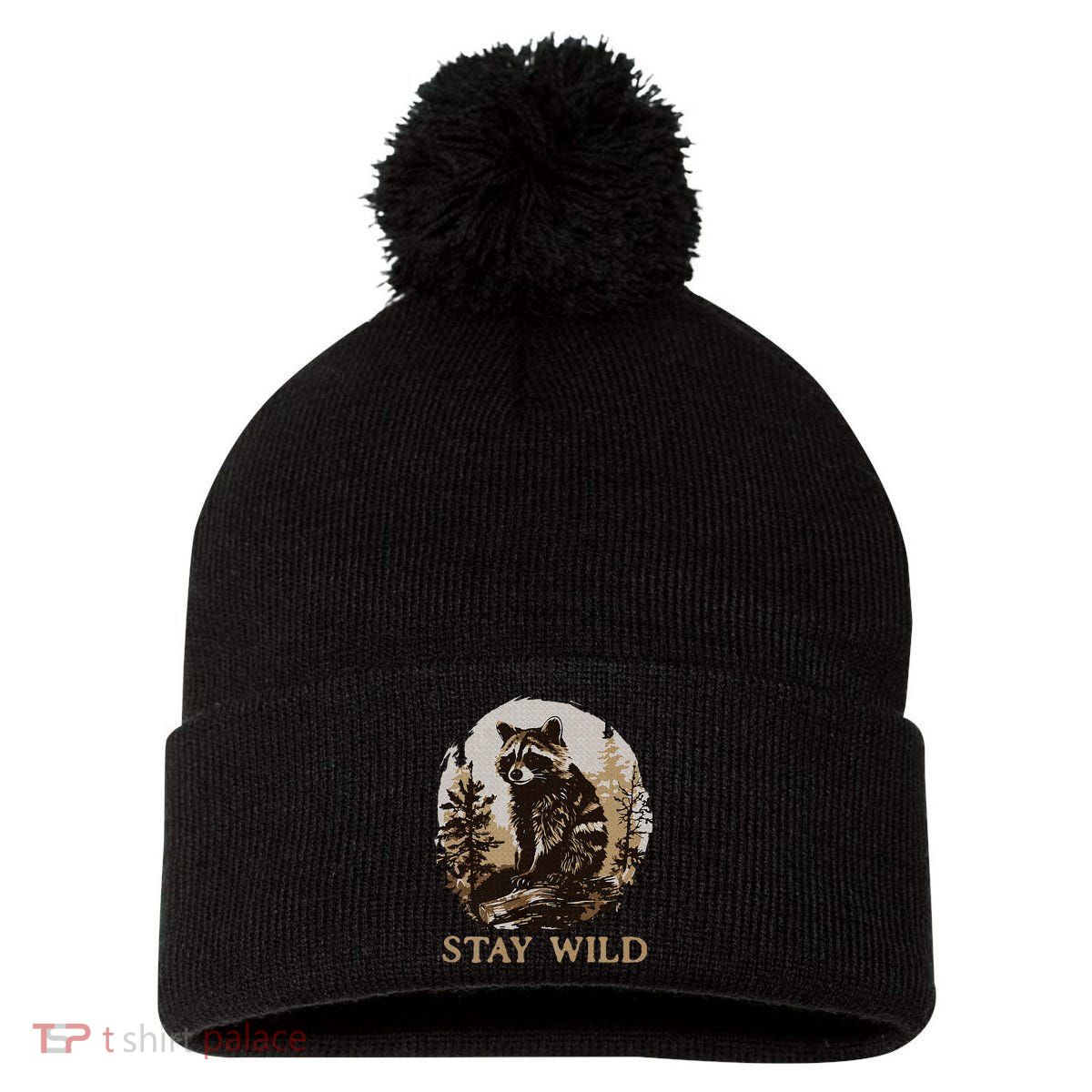Stay Wild Cottagecore Aesthetic Raccoon Lover Vintage Racoon Pom Pom 12in Knit Beanie