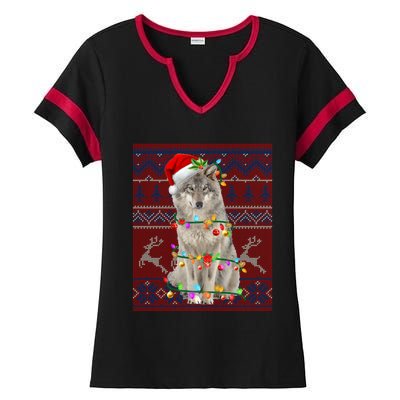 Santa Wolf Christmas Tree Lights Ugly Sweater Pajama Cute Gift Ladies Halftime Notch Neck Tee