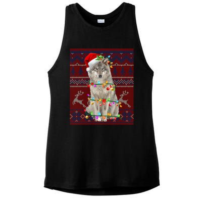 Santa Wolf Christmas Tree Lights Ugly Sweater Pajama Cute Gift Ladies PosiCharge Tri-Blend Wicking Tank