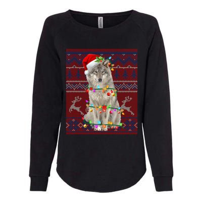 Santa Wolf Christmas Tree Lights Ugly Sweater Pajama Cute Gift Womens California Wash Sweatshirt