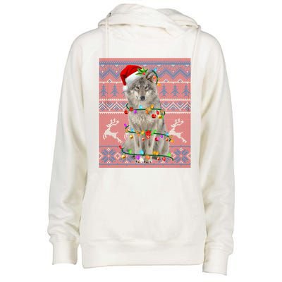 Santa Wolf Christmas Tree Lights Ugly Sweater Pajama Cute Gift Womens Funnel Neck Pullover Hood