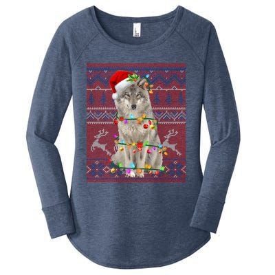 Santa Wolf Christmas Tree Lights Ugly Sweater Pajama Cute Gift Women's Perfect Tri Tunic Long Sleeve Shirt