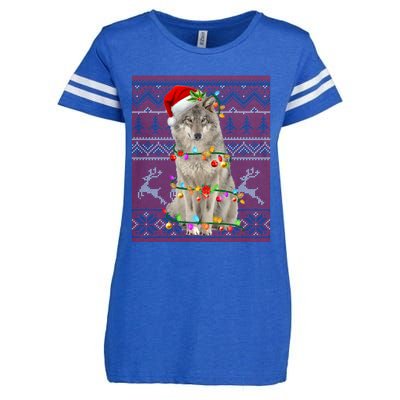 Santa Wolf Christmas Tree Lights Ugly Sweater Pajama Cute Gift Enza Ladies Jersey Football T-Shirt