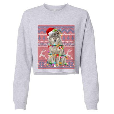 Santa Wolf Christmas Tree Lights Ugly Sweater Pajama Cute Gift Cropped Pullover Crew