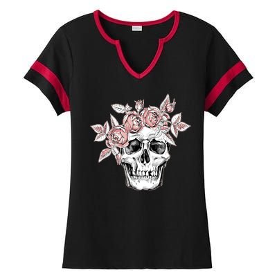 Skull With Crown Of Pink Roses Ladies Halftime Notch Neck Tee