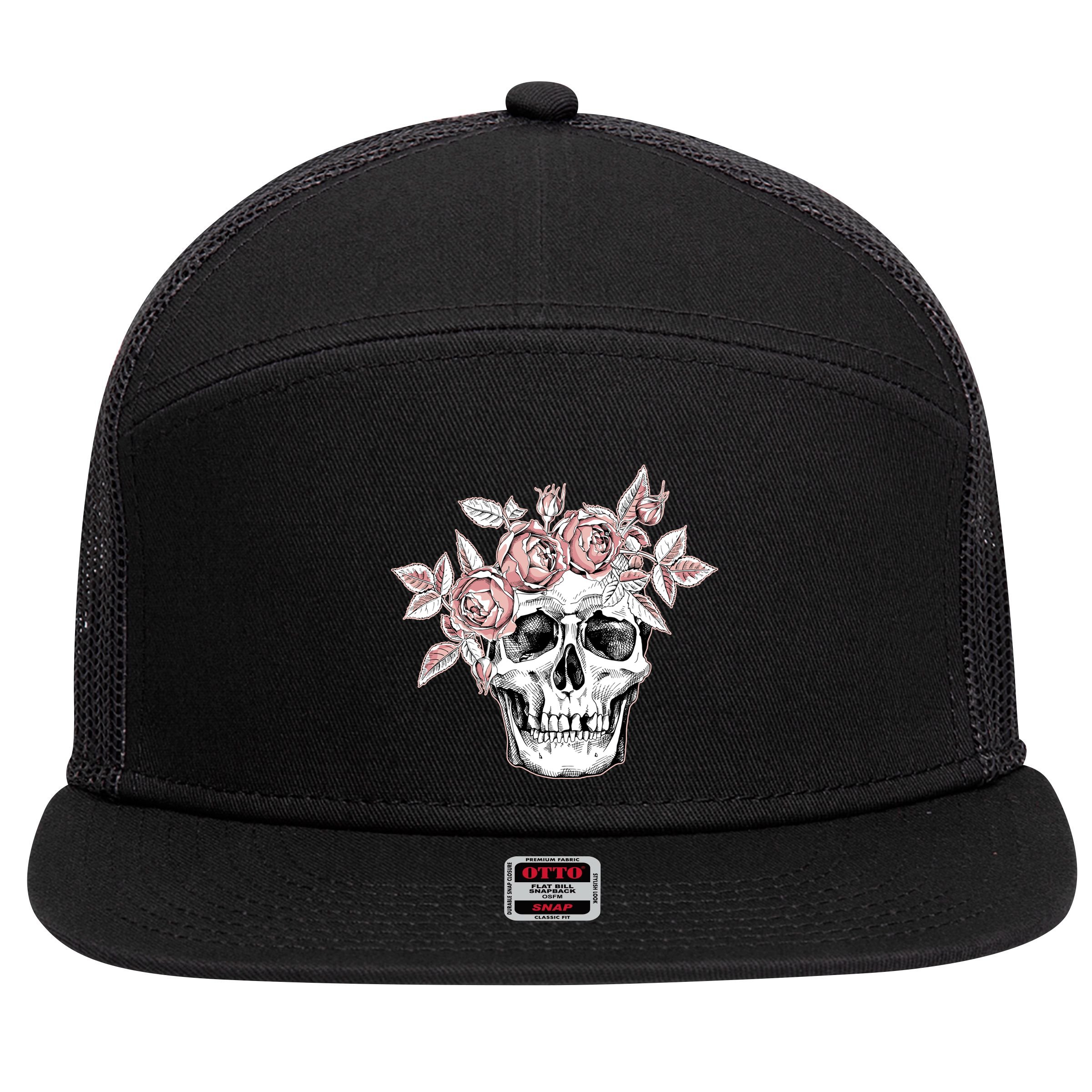 Skull With Crown Of Pink Roses 7 Panel Mesh Trucker Snapback Hat