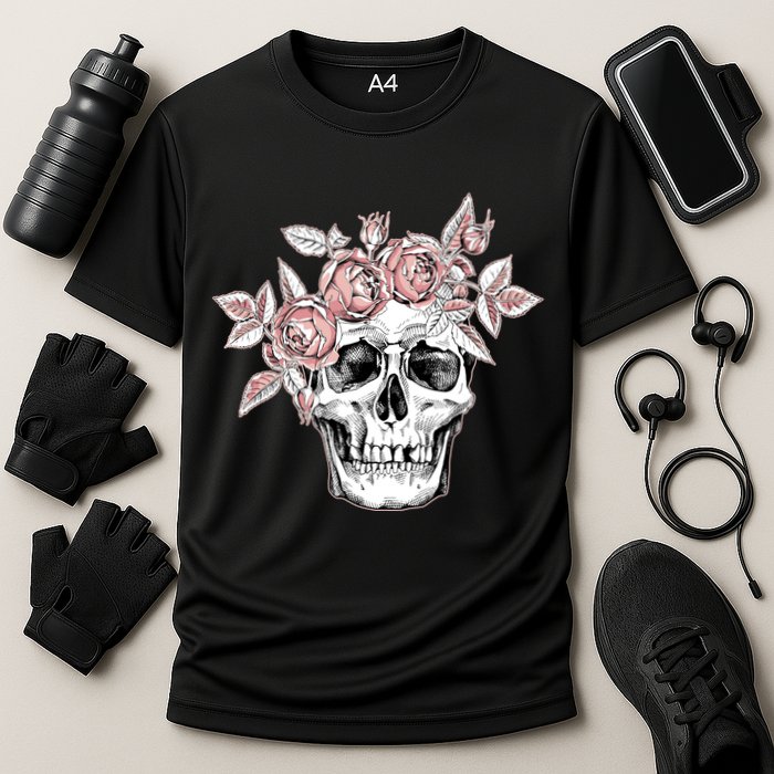 Skull With Crown Of Pink Roses Cooling Performance Crew T-Shirt