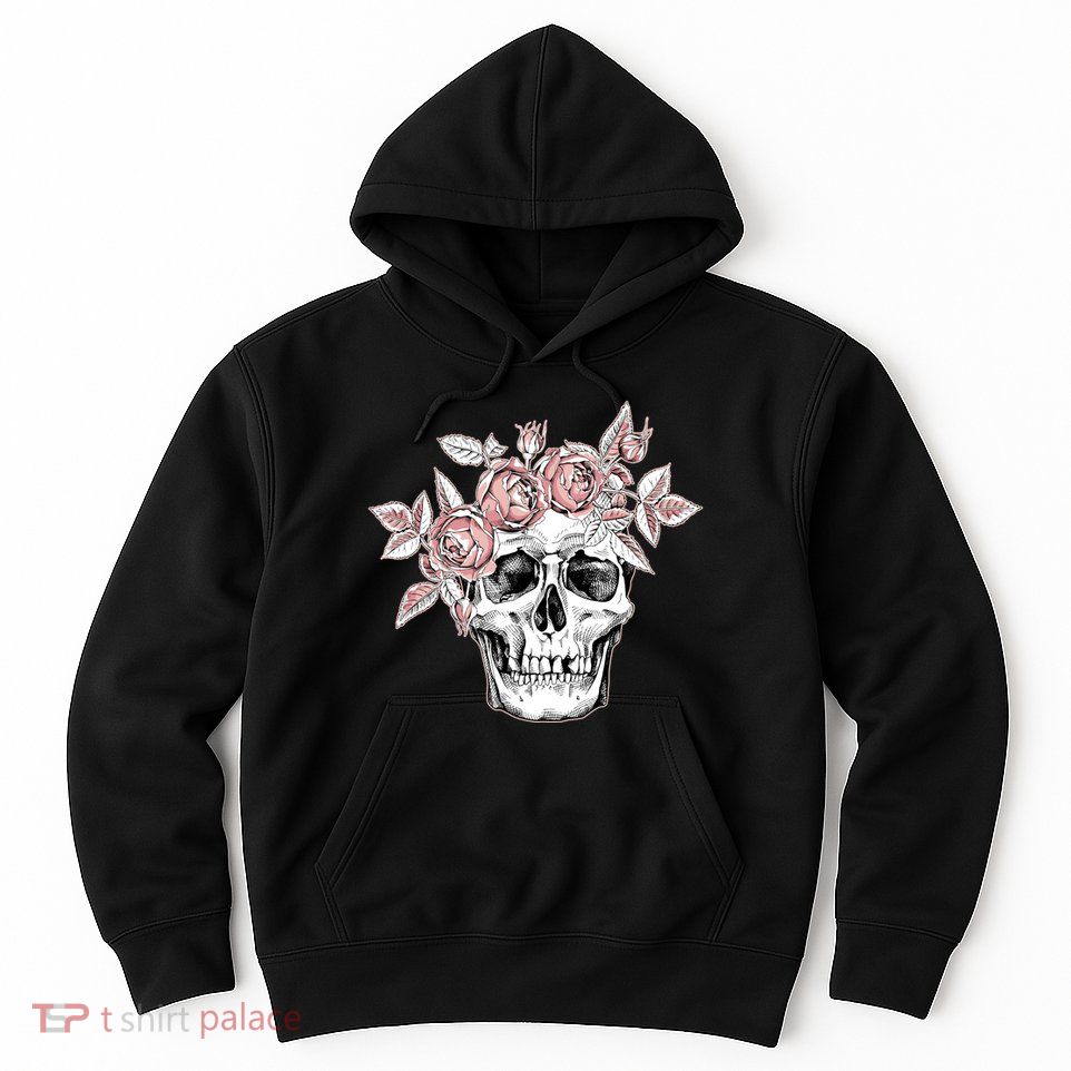 Skull With Crown Of Pink Roses Hoodie