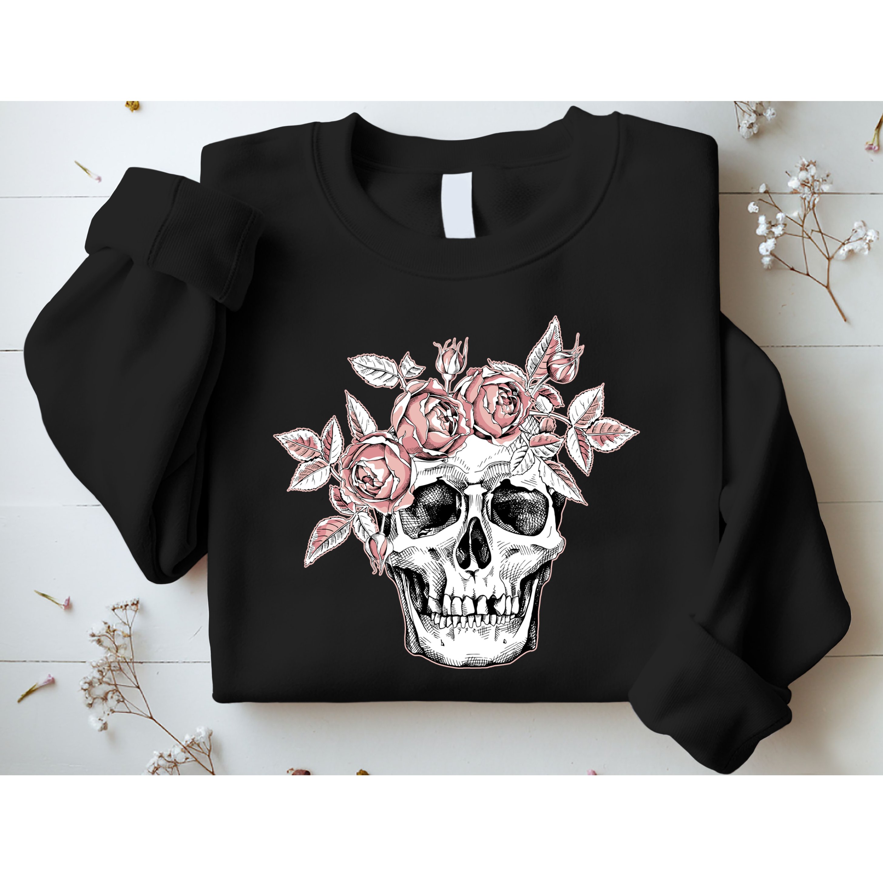 Skull With Crown Of Pink Roses Sweatshirt