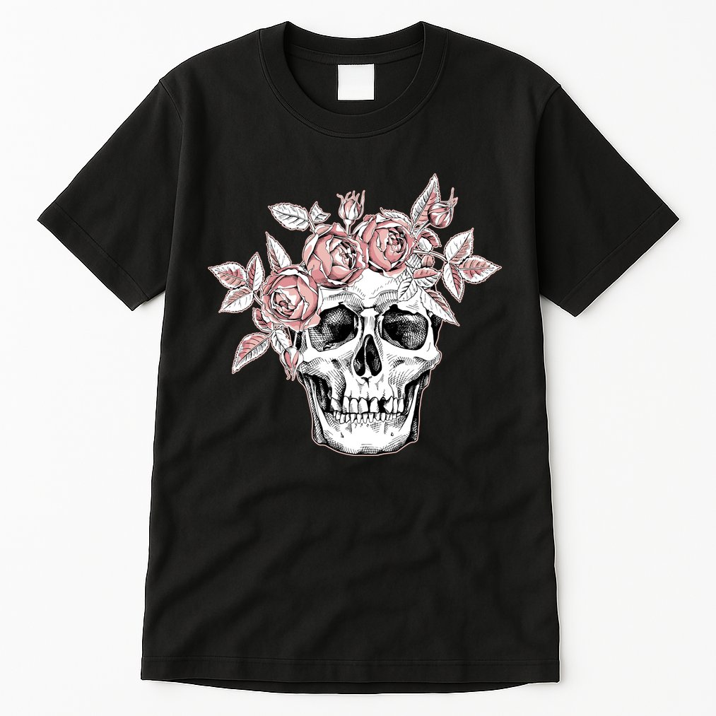 Skull With Crown Of Pink Roses Tall T-Shirt
