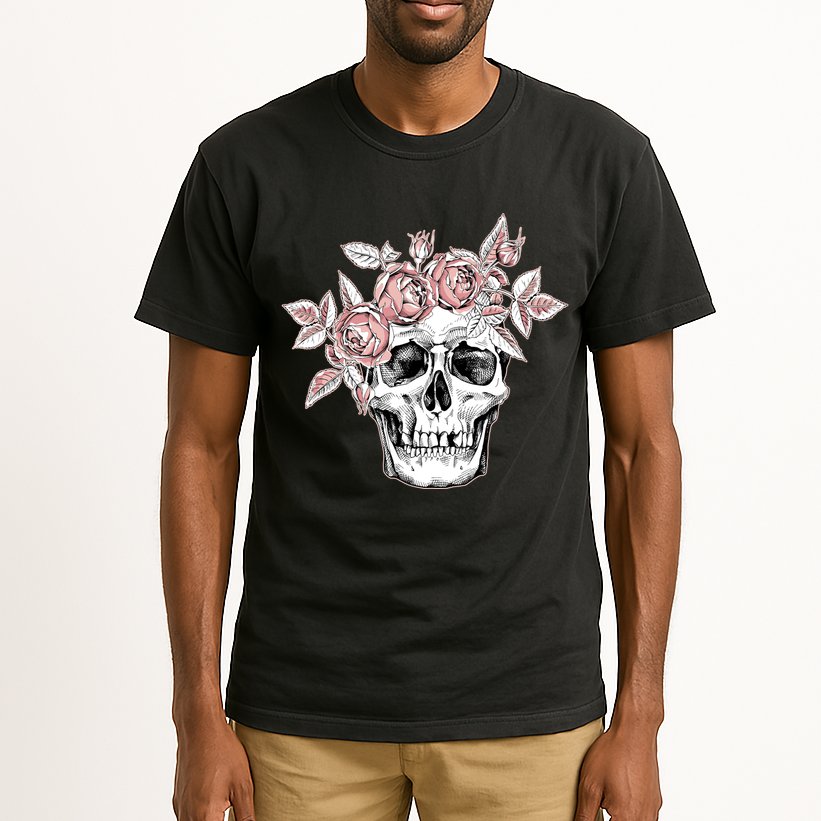 Skull With Crown Of Pink Roses Tall T-Shirt