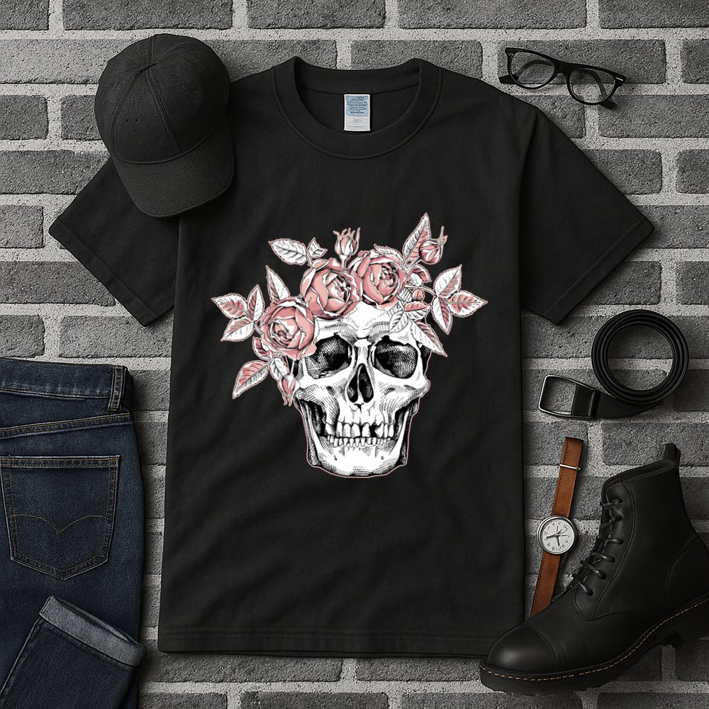 Skull With Crown Of Pink Roses Tall T-Shirt