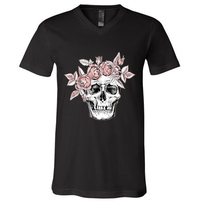 Skull With Crown Of Pink Roses V-Neck T-Shirt
