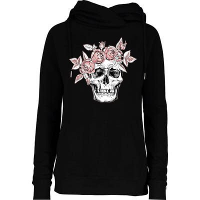 Skull With Crown Of Pink Roses Womens Funnel Neck Pullover Hood