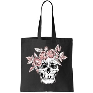 Skull With Crown Of Pink Roses Tote Bag