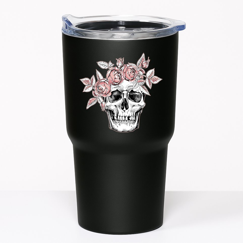 Skull With Crown Of Pink Roses Tumbler