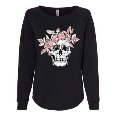 Skull With Crown Of Pink Roses Womens California Wash Sweatshirt