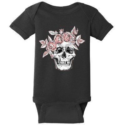 Skull With Crown Of Pink Roses Baby Bodysuit