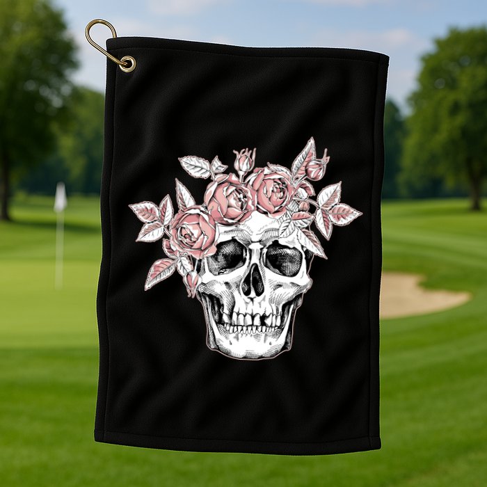 Skull With Crown Of Pink Roses Golf Towel