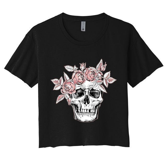 Skull With Crown Of Pink Roses Crop Top