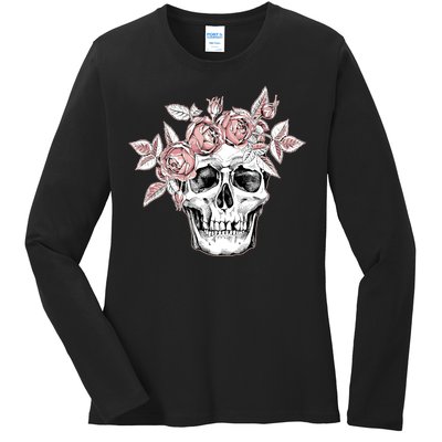 Skull With Crown Of Pink Roses Ladies Long Sleeve Shirt