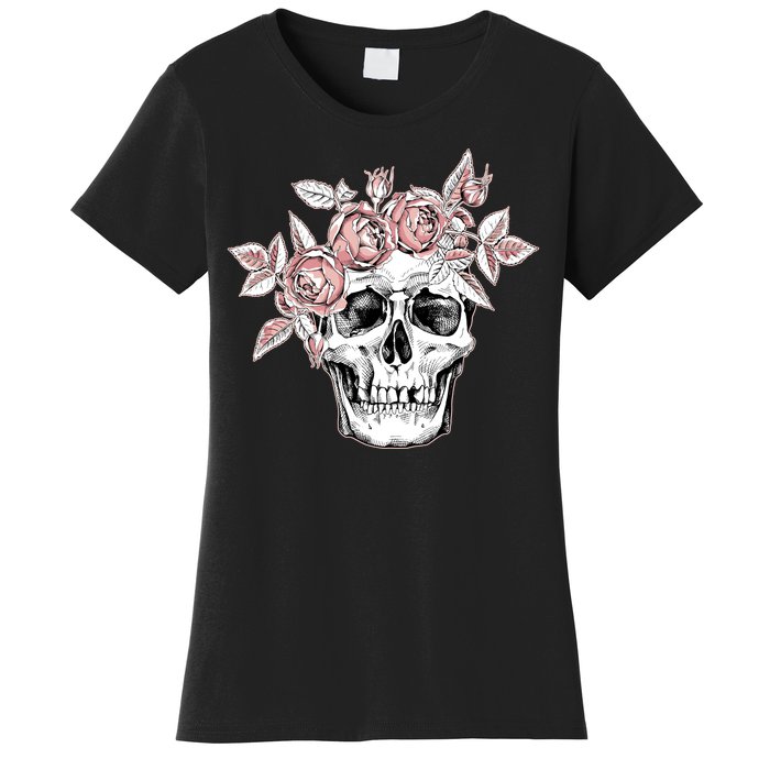 Skull With Crown Of Pink Roses Women's T-Shirt