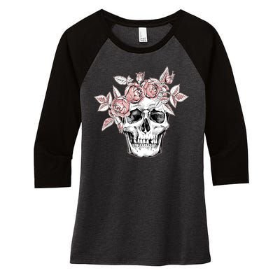 Skull With Crown Of Pink Roses Women's Tri-Blend 3/4-Sleeve Raglan Shirt