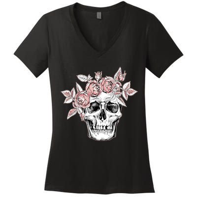 Skull With Crown Of Pink Roses Women's V-Neck T-Shirt