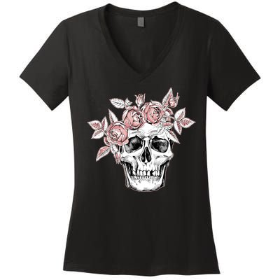 Skull With Crown Of Pink Roses Women's V-Neck T-Shirt