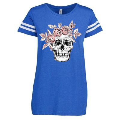 Skull With Crown Of Pink Roses Enza Ladies Jersey Football T-Shirt