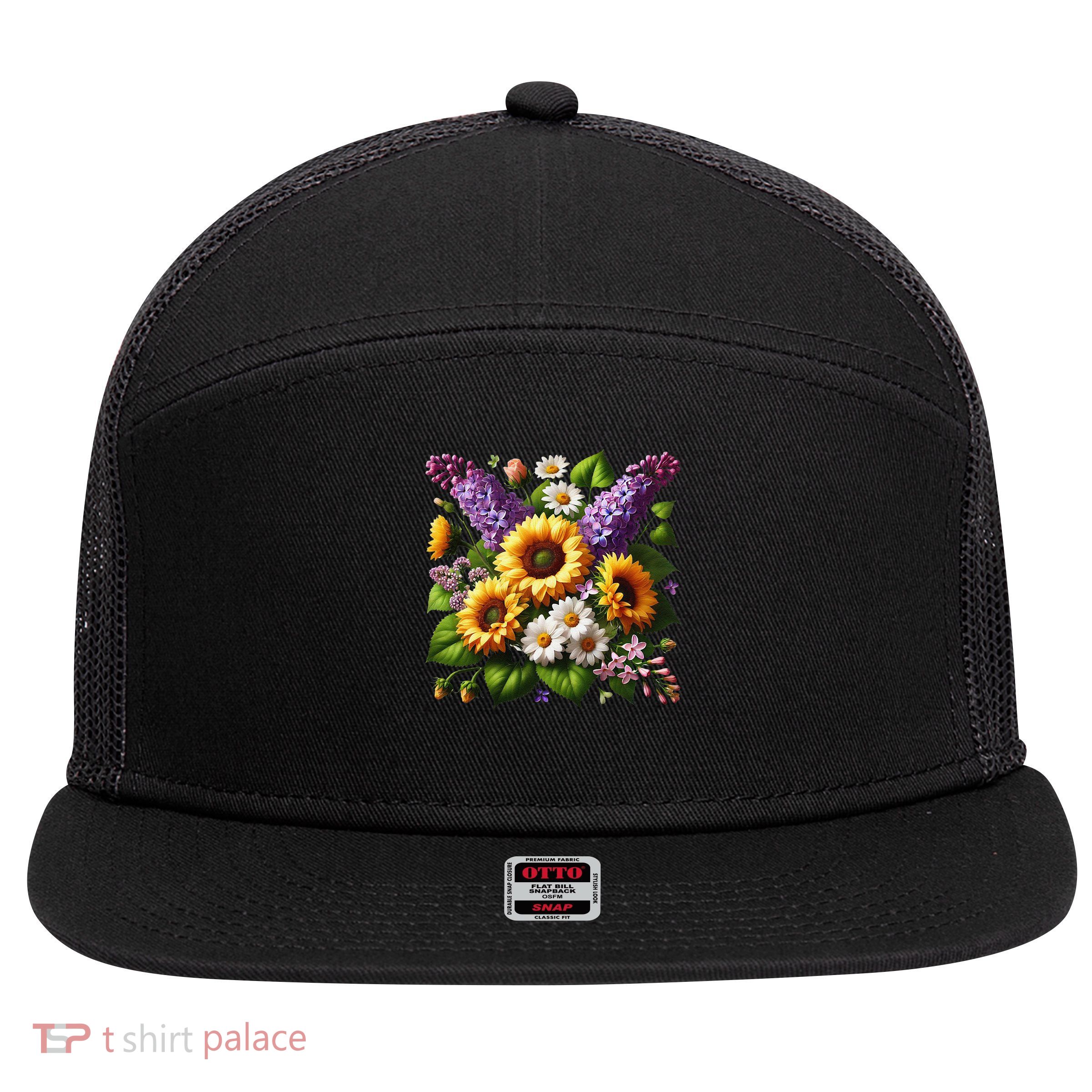 Sunflower with Daisies Flower Floral Floral Pattern Floral 7 Panel Mesh Trucker Snapback Hat