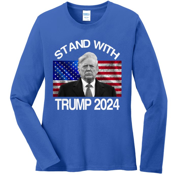 Stand With Donald Trump 2024 Vintage Usa Flag Cute Gift Ladies Long Sleeve Shirt