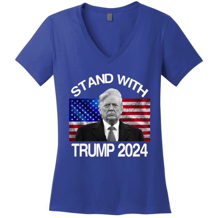 Stand With Donald Trump 2024 Vintage Usa Flag Cute Gift Women's V-Neck T-Shirt