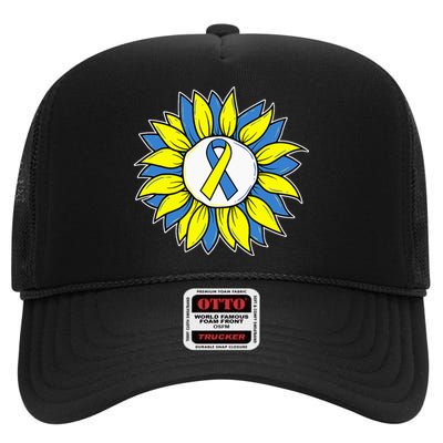 Sunflower World Down Syndrome Awareness Day T21 High Crown Mesh Back Trucker Hat