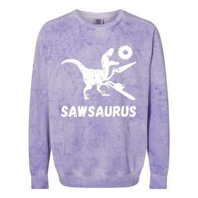 Sawsaurus Woodworker Dinosaurs Carpentry Trex Chainsaw Colorblast Crewneck Sweatshirt