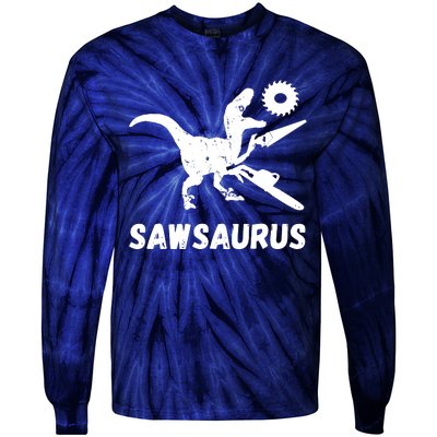 Sawsaurus Woodworker Dinosaurs Carpentry Trex Chainsaw Tie-Dye Long Sleeve Shirt