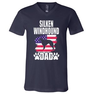 Silken Windhound Dad Dog Lover American Us Flag V-Neck T-Shirt