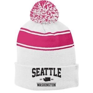 Seattle Washington Est 1851 State Map Souvenir Gift Stripe Pom Pom Beanie