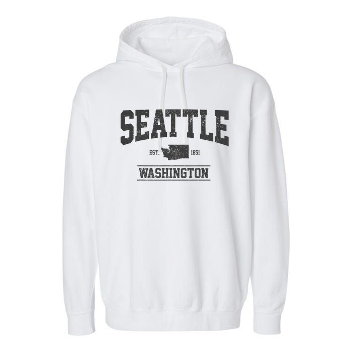 Seattle Washington Est. 1851 State Map Souvenir Gift Garment-Dyed Fleece Hoodie