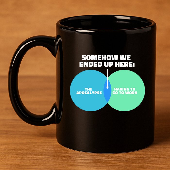 Somehow We Ended Up Here Between Apocalypse & Having To Work 11oz C Handle Ceramic Mug